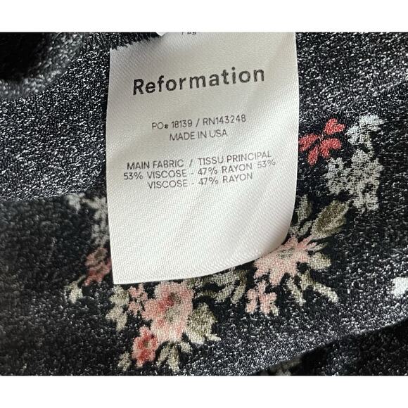 Reformation Aubrey Black Floral Print Midi Dress Tied Cuff Sleeves Slit Size 0 - Picture 10 of 10